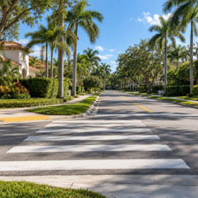 A Florida residential street where a parent comforts a child near a stopped car while emergency help arrives.