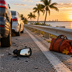 Two cars stopped on a Florida causeway shoulder after a collision, with a detached mirror and travel bag nearby.