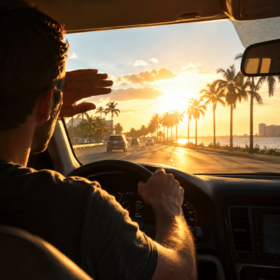 Bright low Florida sun shining toward two cars at a Tampa intersection