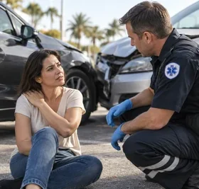 An injured passenger speaks with an emergency responder beside two vehicles after a Florida car accident.